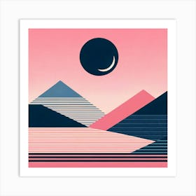 "Midnight Mirage: Stripes and Solace"  As a crescent moon hangs in the dusk, mountains and plains align in a vision of striped symmetry. The landscape, a blend of navy, white, and coral stripes, creates a rhythmic pattern that leads to tranquil waters. This visual symphony is set against a backdrop of soft pink sky, imparting a sense of solace and introspection. It's a place where the night's embrace is a blanket of quietude, offering a retreat from the day's clamor into the soothing cadence of nature's geometric dance. Art Print