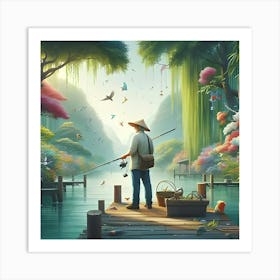 An Image Of A Man Fishing In A River With A Beautiful Landscape 4 Art Print