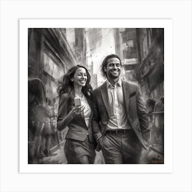 Two People Walking Down The Street Art Print