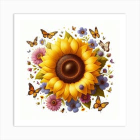 Sunflower With Butterflies 1 Art Print