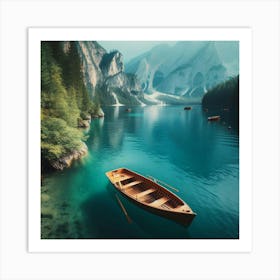 Boat in Mountains Lake Art Print