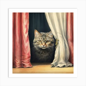 Cat Peeking Out Of Curtain Art Print