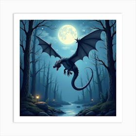 A Majestic Dragon Soaring Over A Moonlit, Enchanted Forest Glade 1 Art Print