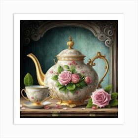 A very finely detailed Victorian style teapot with flowers, plants and roses in the center with a tea cup 6 Art Print