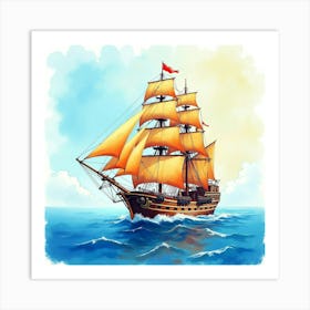 Vibrant Galleon Sailing In Watercolor Ocean Hues 1 Art Print