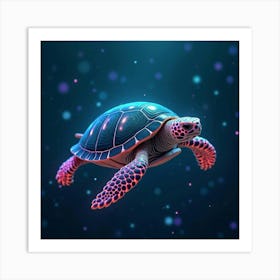 A Turtle With Neon Markings On Its Shell, Swimming In Glowing, Magical Waters Art Print