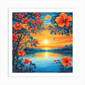 Sunset With Hibiscus Art Print