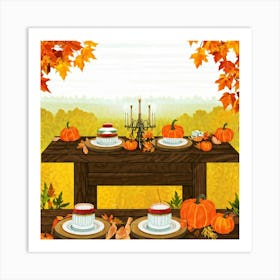 An Illustration Of A Thanksgiving Inspired Table Set Against An Autumn Nature Backdrop Showcasing A (1) 2 Art Print