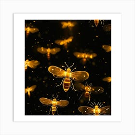 Bees On Black Background Art Print