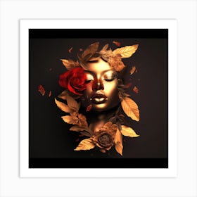 Serene Woman in Profile with Rose Behind Ear and Leaves Adorning Her Face, Featuring Soft, Muted Colors. Art Print