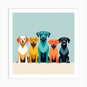 Five Dogs In A Row, colorful dog illustration, dog portrait, animal illustration, digital art, pet art, dog artwork, dog drawing, dog painting, dog wallpaper, dog background, dog lover gift, dog décor, dog poster, dog print, pet, dog, vector art, dog art, dogs Art Print