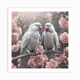 Couple Of Parrots On a Branch With Pink Flowers Art Print