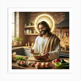 Jesus cooking a meal in a cozy modern kitchen 4 Art Print