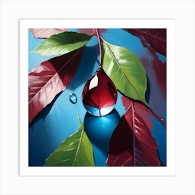 Red And Green Leaves On A Blue Surface With A Large Water Drop Reflecting A Red Leaf, Creating An Abstract And Artistic Composition Art Print