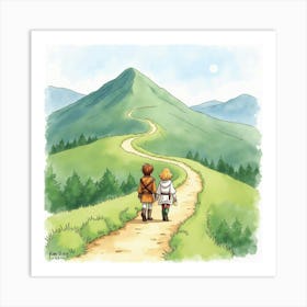 Watercolor Scene Of Frodo And Sam Walking Along A Winding Mountain Path Art Print