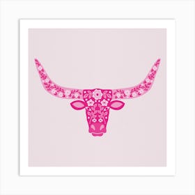 Floral Longhorn   Hot Pink Square Art Print