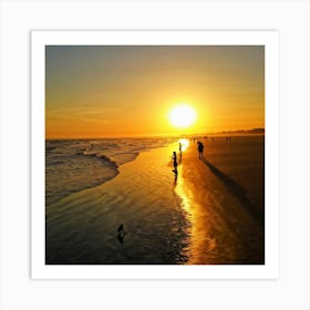 A Serene Sunset Casting A Golden Hue Over A Tranquil Beach Silhouettes Of Relaxed Individuals Strol Art Print