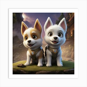 Fantasy Hero Dogs On A Rock Art Print