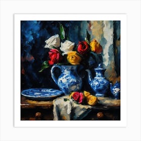 Blue Pottery and Vibrant Rose Flowers Art Print