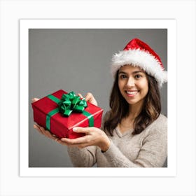 Happy Young Woman With Christmas Gift Art Print