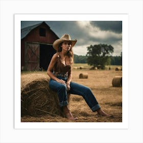 Cowgirl Sitting On Hay Bales Art Print