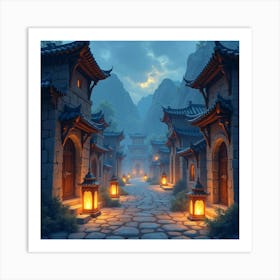 Mystical Lanterns Glowing In An Ancient City, Watercolor 1 Art Print