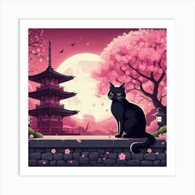 Japanese Cat In Cherry Blossom Art Print