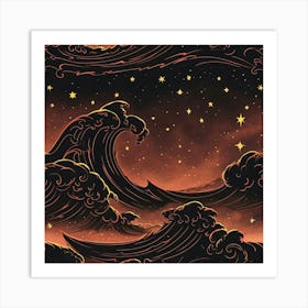 Epic Ocean Night Sky With Red Outlined Black Waves Art Print