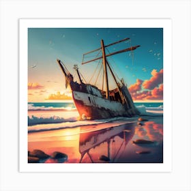 Beach Scene Sailing Ship Wreck In Foreground Art Print