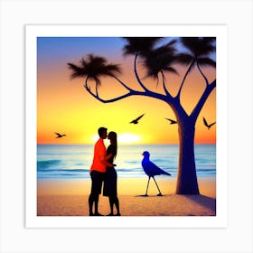 Couple Kissing On The Beach Art Print