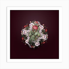 Vintage Red Gallic Rose Flower Wreath on Wine Red n.0761 Art Print