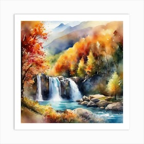 Picturesque Valley Surrounded Fall Tees, Waterfalls, Landscape, Watercolor Art Print