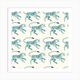 Blue Tiger Pattern On Cream Square Art Print