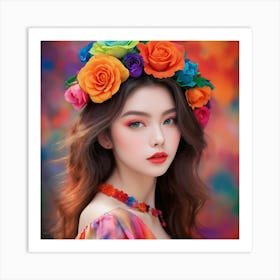 Asian Girl With Colorful Flower Crown Art Print