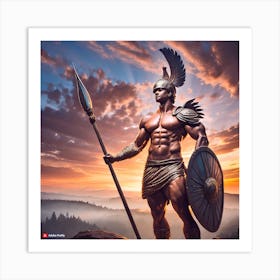 Firefly The Image Depicts A Statue Of A Muscular Man With A Large Winged Helmet, Holding A Spear In (2) Art Print