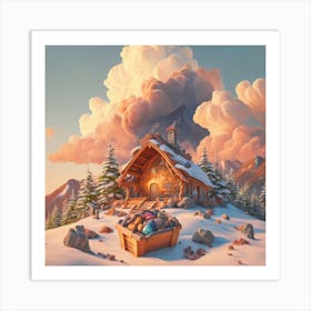 Mountain village snow wooden huts 1 Art Print