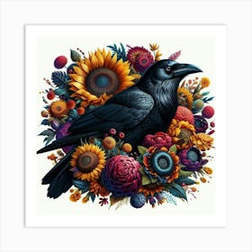 Crow And Sunflowers 2 Art Print