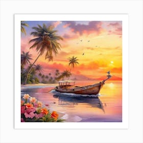 Boat At Sunset Art Print