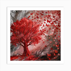 Red Tree And Heart Shaped Butterflies (1) Art Print