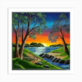 Highly detailed digital painting with sunset landscape design 13 Art Print