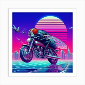 An Image Of A Fly Riding A Motorbike In A Vaporwave, With A Wide Angle View 3 Art Print