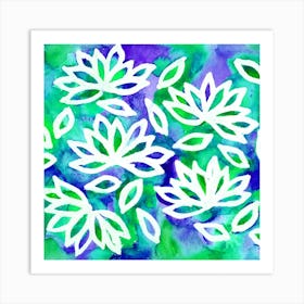 LOTUS FLOWER BLUE GREEN WATERCOLOR Art Print