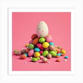 Colorful Easter Eggs On Pink Background Art Print