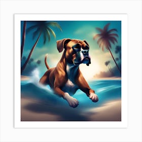 A dog boxer swimming in beach and palm trees 10 Art Print