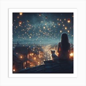 Little girl and her little dog looking at the night sky together 2 Art Print