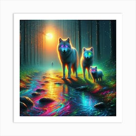 Mystical Forest Wolves Seeking Mushrooms and Crystals Art Print