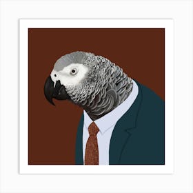 African Grey Parrot In Suit Square Art Print