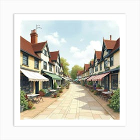 A Quaint English Market Town With Traditional Shops And Cafés, Watercolor Style 1 Art Print