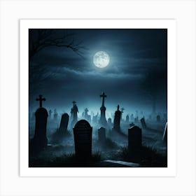 Gravestones Casting Long Ominous Shadows Under A Full Moon A Rising Mist Shrouding The Undead Figu (4) Art Print