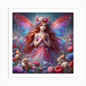 Red fairy with flowers and little bunny Art Print